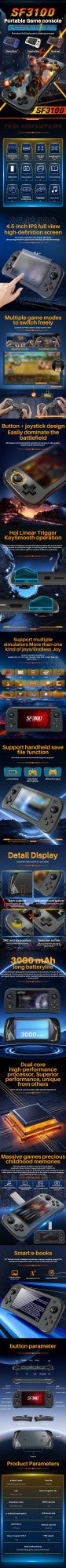 Portable Retro Game Console SF3100 With 4.5" IPS HD Screen,3000mAh Battery.Handheld Video Game Console Support 14 Emulators