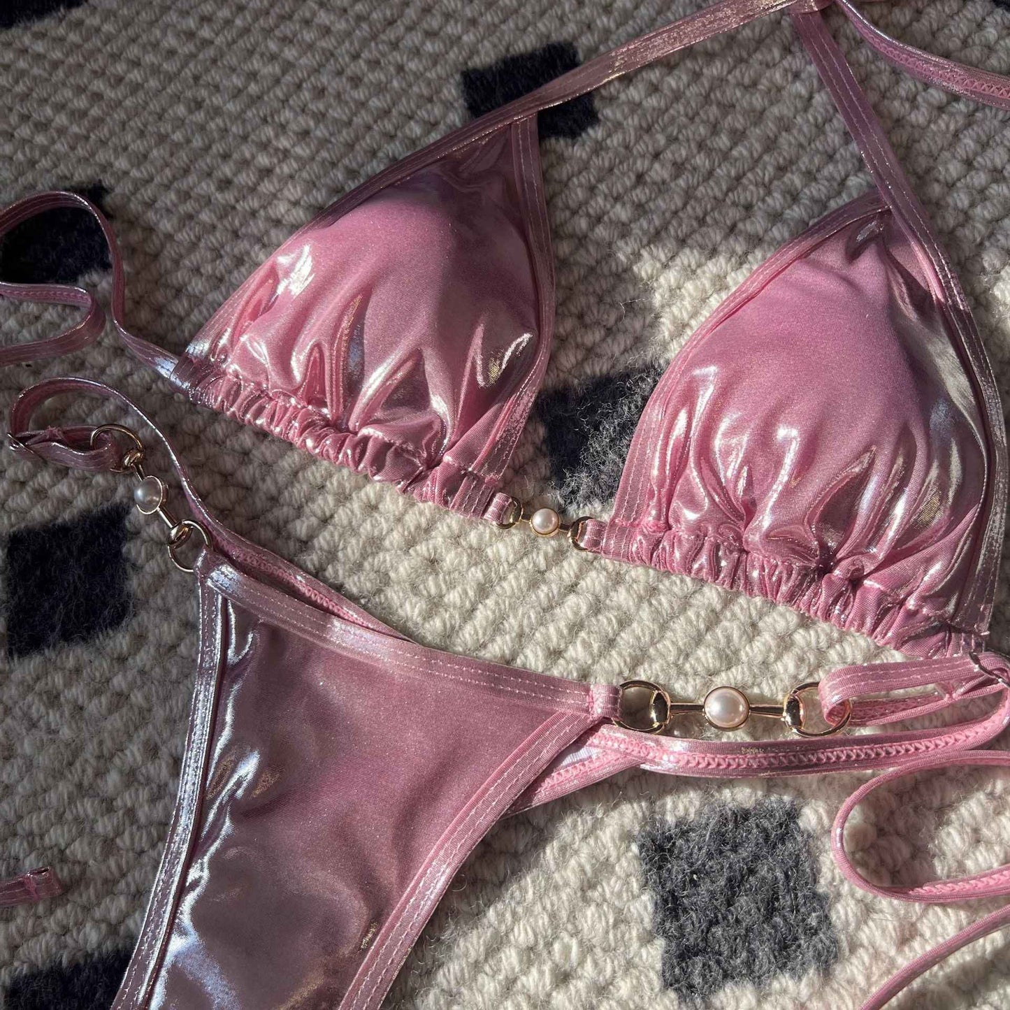 Shiny Pink Micro Bikini 2025 Mujer Women Sexy PU Pearls Push Up Thong Swimsuit Summer Bathing Suit Bandage Holiday Swimwear