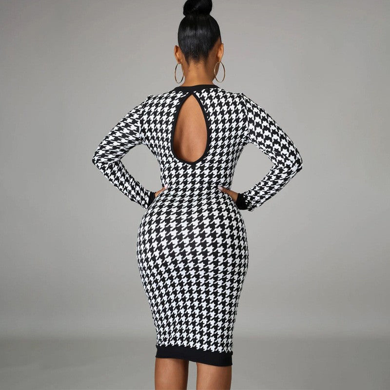 Houndstooth Print Women Long Sleeve Midi Dress Hollow Out Bodycon Sexy Streetwea