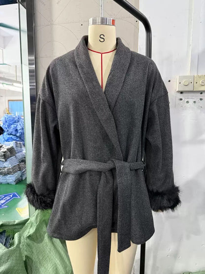 American Fashionable V-neck Lapel Furry Sleeves Lace-up Long-sleeved Woolen Coat Elegant Lace-up Long-sleeved Wool Coat