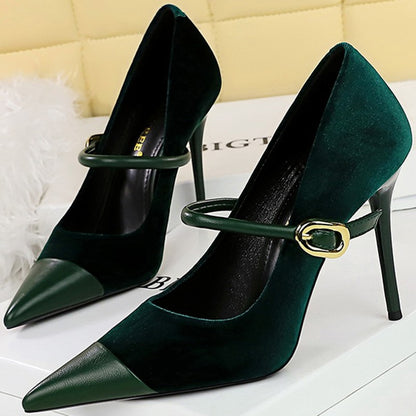 Korean Version Party 10cm 7cm High Heels Women Shoes Thin Heels Velvet Shallow Montage Pointed Toe Metal One-line Buckle Pumps