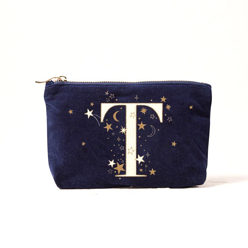 Alphabet Print Velvet Clutch Makeup Bag - Fashionable Cosmetic Pouch with Glittering Star Motif