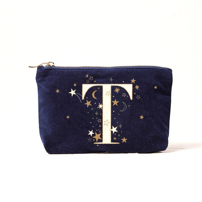 Alphabet Print Velvet Clutch Makeup Bag - Fashionable Cosmetic Pouch with Glittering Star Motif
