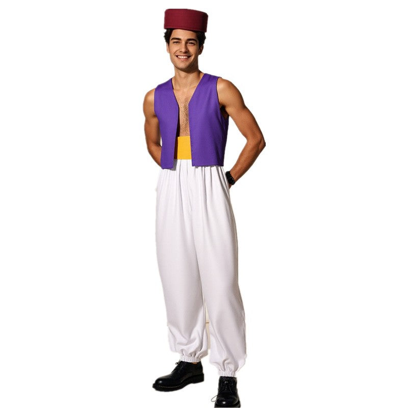 Adult Aladdin Prince Costume Arabian Nights Cosplay with Belt and Hat for Halloween Party Performance God's Lamp Party Dress