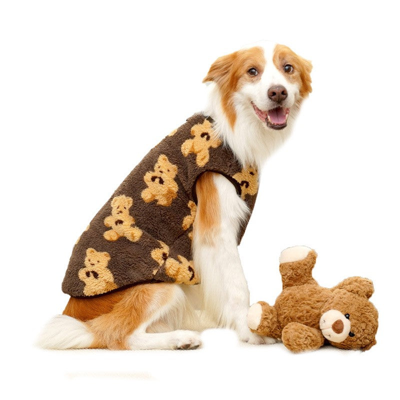 3GG-8GG Outono/Inverno Pelúcia Padrão de Urso Fofo Suéter para Cães Grandes Casaco de Lã Quente com Capuz Colete Suéter para Animais de Estimação Roupas para Animais de Estimação