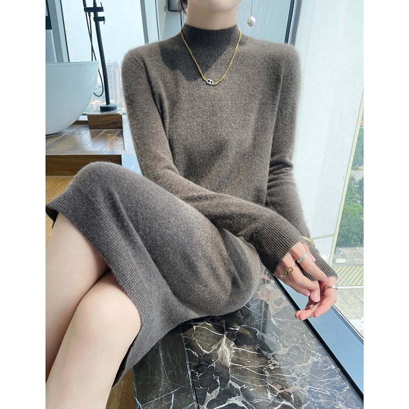 Autumn And Winter 100% Pure Wool Ladies Long Sweater Skirt Semi-High Collar Cashmere Dress Large Knit Bottoming Skirt