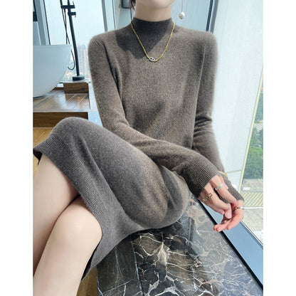 Autumn And Winter 100% Pure Wool Ladies Long Sweater Skirt Semi-High Collar Cashmere Dress Large Knit Bottoming Skirt