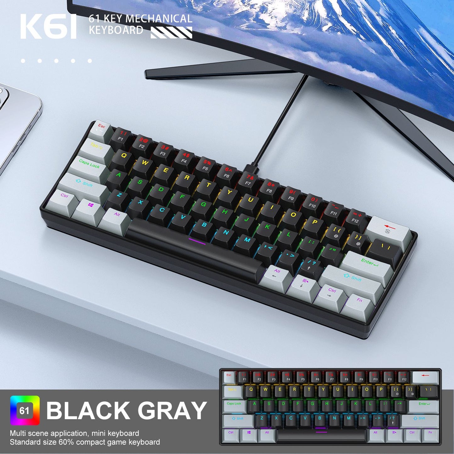 Teclado Mecânico RGB de 61 Teclas com Fio K61 Mini Teclado Portátil 60% Preto, Branco, Switches Vermelho/Azul para Jogos/Trabalho