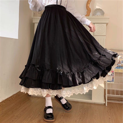Fashion Sweet Midi Skirt Women Lace Patchwork Bow Preppy Fall Loose Casual Skirts Japanses Ruffle High Waist Solid Chic Skirt