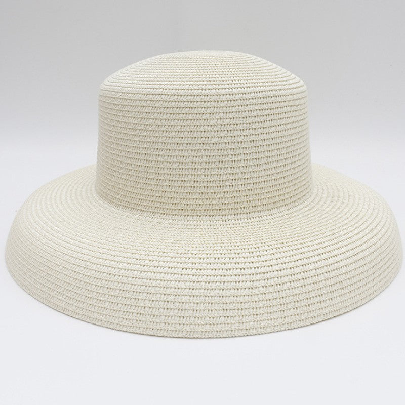 2023 New Summer Sun Hats Ladies Solid Plain Elegant Wide Brim Hat Female Round Top Panama Floppy Straw Beach Hat Women ????