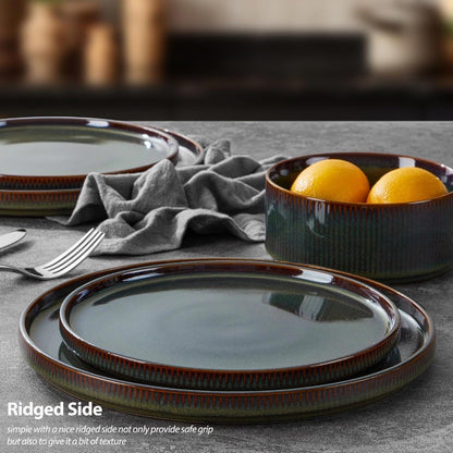Dinnerware Sets with Pasta Bowls 16 Piece Plates and Bowls Set for 4 Ribbed Stoneware Dishes Set for Kitchen Dining Microwave a
