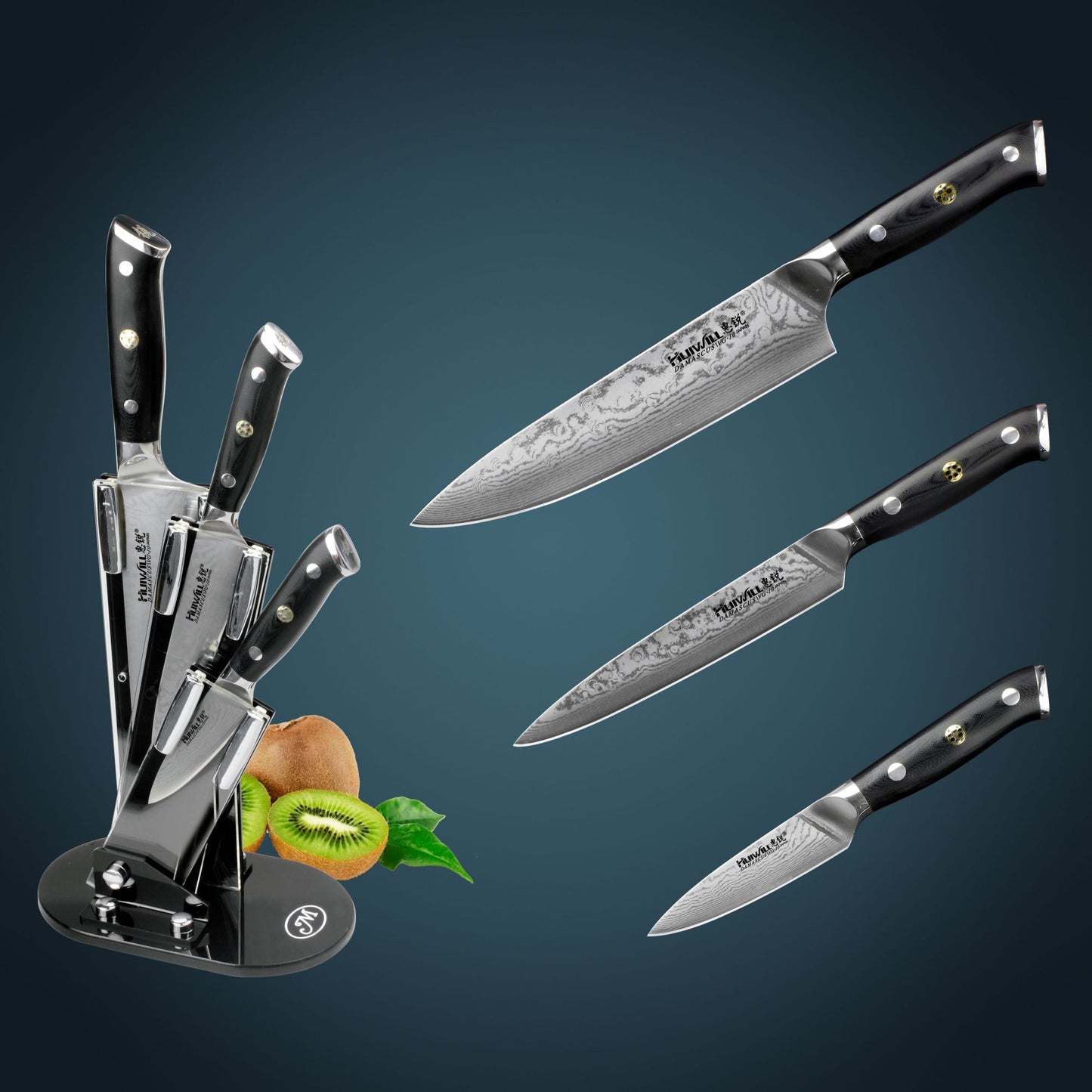 Huiwill Super Qualidade 8" Japonês VG10 67 Camadas de Aço Damasco Conjunto de Facas de Cozinha para Chef Faca de Corte Faca de Fatiar com Bloco