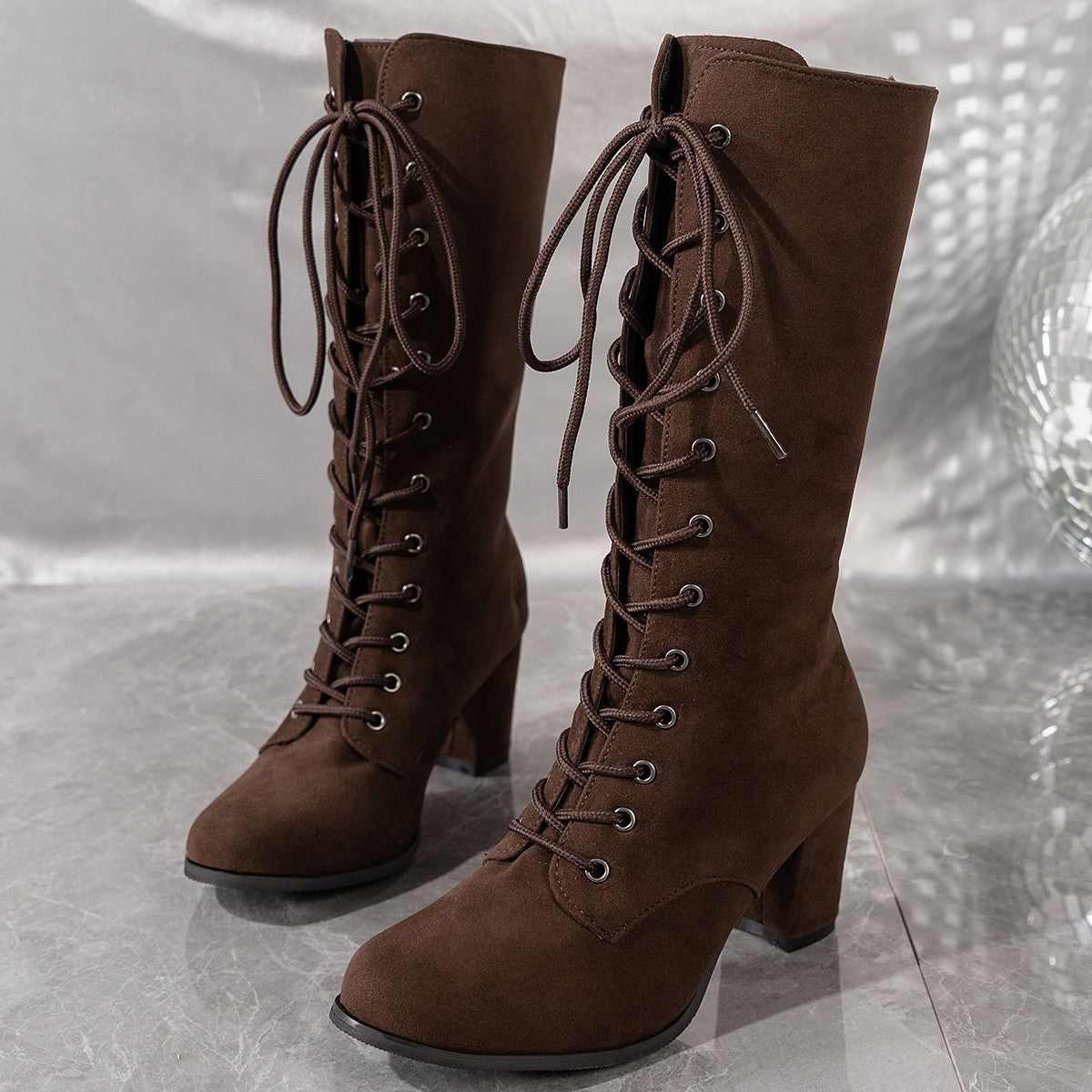 Winter Women Boots Shoes Fashion Vintage Lace-up Boots Women Round Cowboy High Heels Booties Shoes Woman Botas Mujer