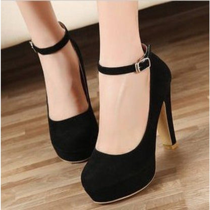 Large Size 42 Sexy Super High Heels Shoes for Women Ankle Buckle Chunky Platform Pumps Woman Black Flock Square Heel Party Shoes