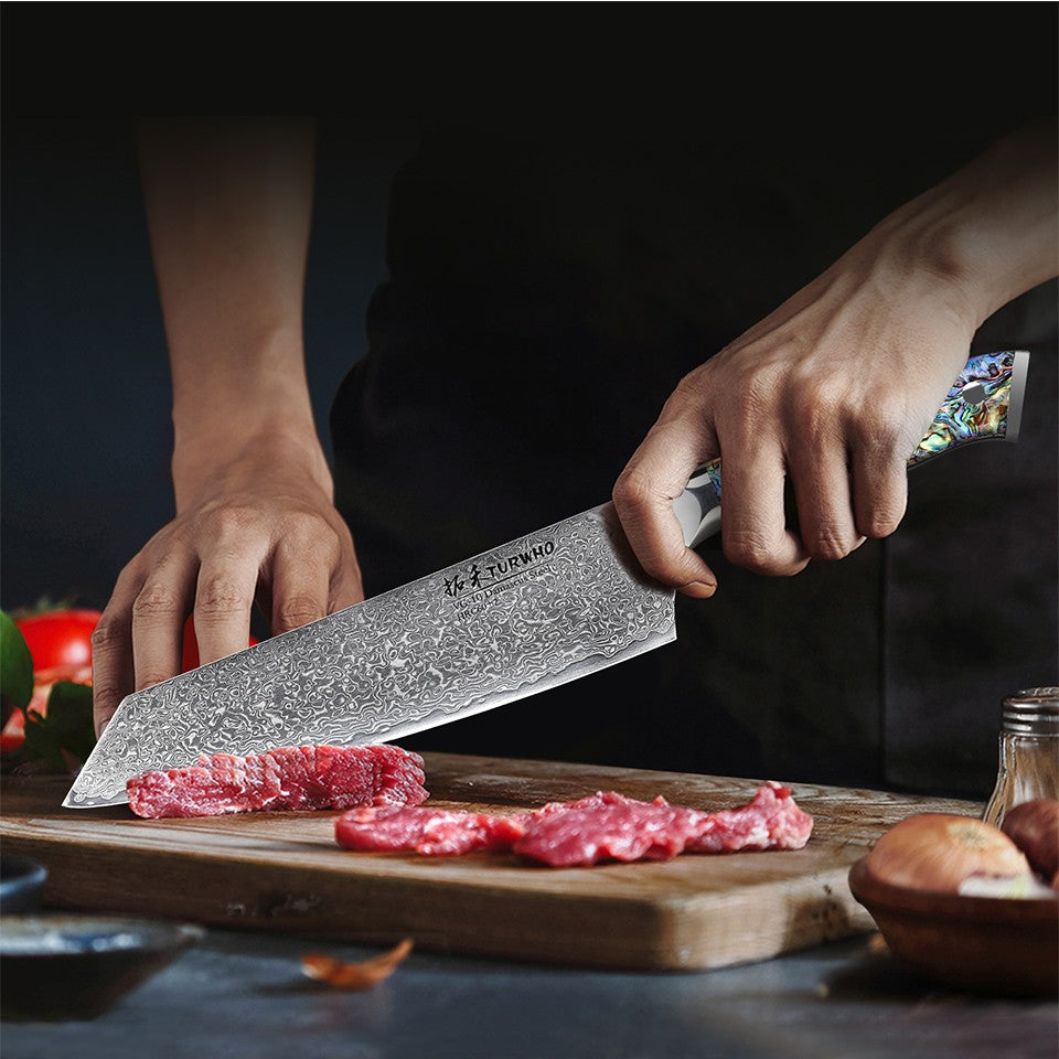 Faca de Cozinha TURWHO Japonesa de Aço Damasco de 67 Camadas com Cabo de Abalone Afiada Faca Santoku para Pão Bife Faca de Chef Ferramentas de Corte para Cozinha