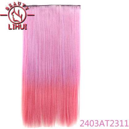 Extensões de cabelo sintéticas com clipe, longas e lisas, com 5 clipes em uma única peça, extensões de cabelo multicoloridas LIHUI