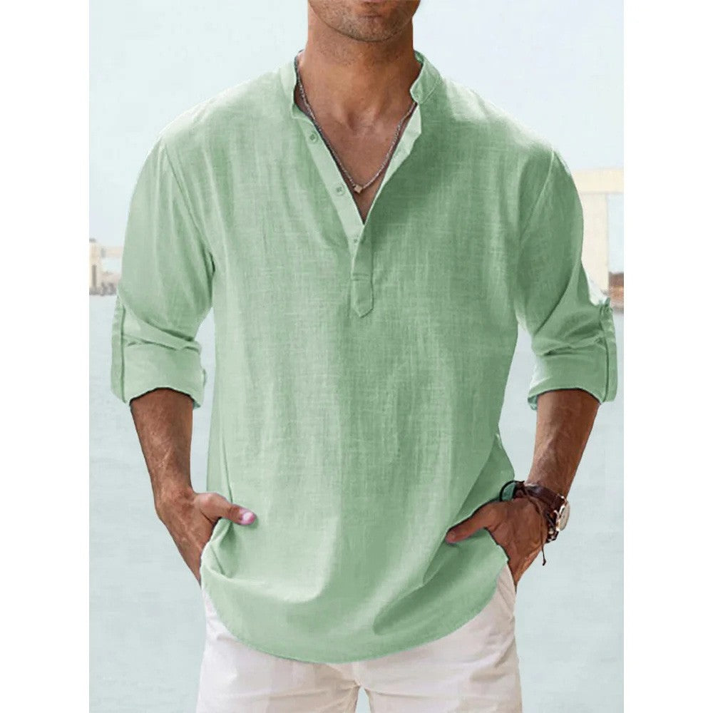 Cotton Linen Hot Sale Men's Short-Sleeved Shirts Summer Solid Color Henley Collar Casual Beach Style Hawaiian Vacation