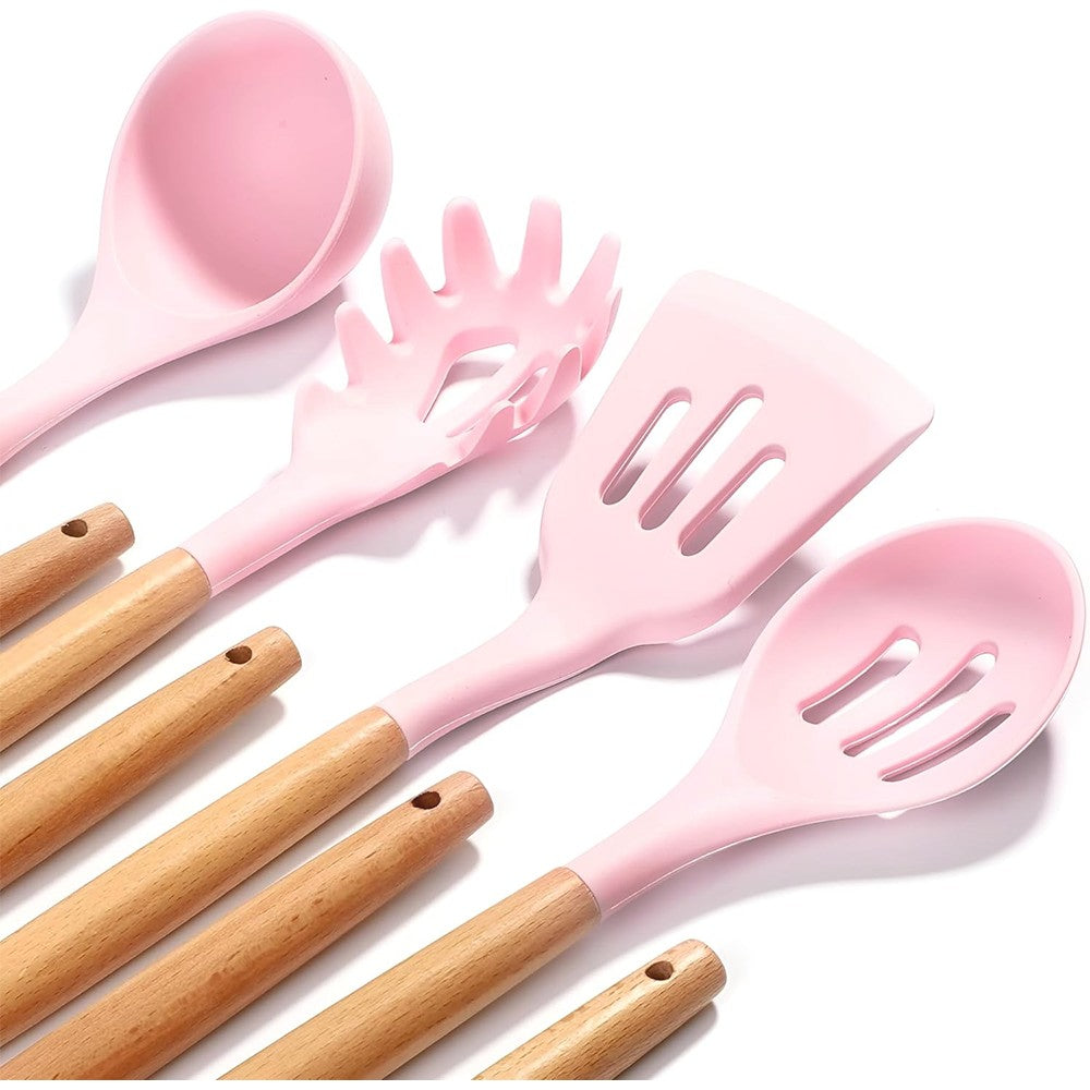 MDHAND Kit de Utensílios de Cozinha de Silicone Resistente ao Calor com 20 Peças, com Cabos de Madeira, Facas, Colher de Sopa com Tesouras, Cozinhe Sem Complicações