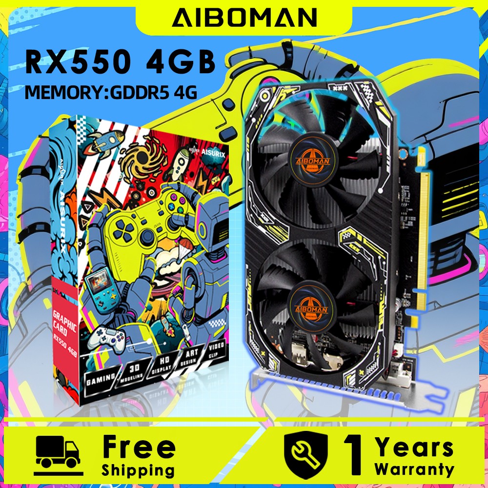 Placa de vídeo AIBOMAN Gamer Preta e Amarela AMD RX550 4GB GDDR5 128Bit com Fan Duplo Acessórios de Montagem para Computador Jogos de Escritório Elétricos