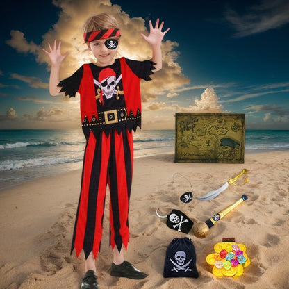 3-12Y Pirate Dress Up Costume with 7 Piece Toy Set Skull Print Top Halloween Cosplay Carnival Show Outfit Boys & Girls Holiday