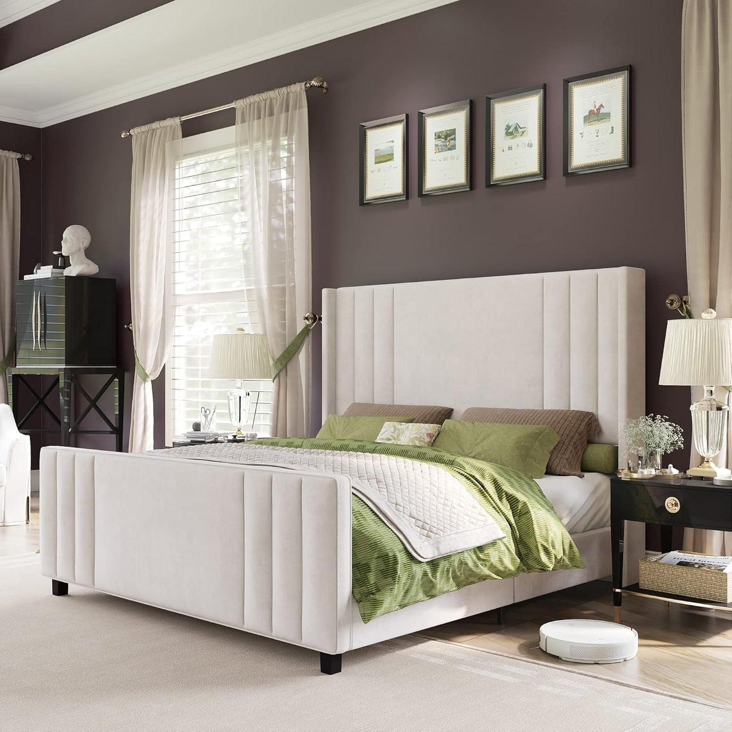 Cama Queen Size, Plataforma Estofada em Veludo com Cabeceira e Peseira Tuftadas em Canais Verticais/Wingback, Colchão N
