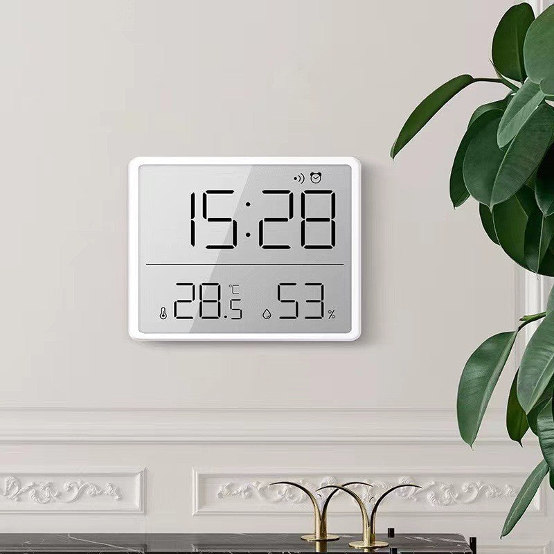 Slim Digital Wall Clock with LCD Alarm, Temperature & Humidity Display- Multi-Functional Kitchen Electronic Clock Adhesive Mount