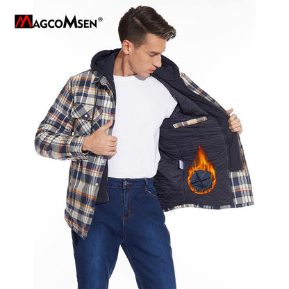 MAGCOMSEN Men's Flannel Jacket with Removable Hood 5 Pockets Plaid Quilted Lined Winter Coats Thick Hoodie Outwear Fleece Jacket