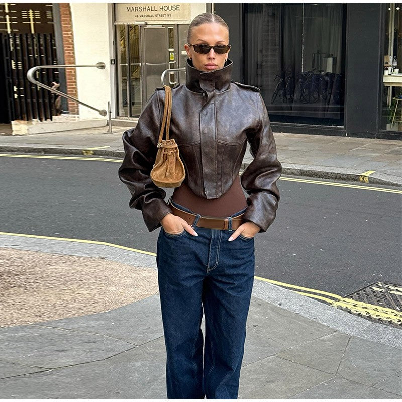 Vintage Women's Cropped Faux Leather Jacket Stand Collar Balloon Sleeve Biker Style PU Leather Coat Streetwear Fashion Outfit