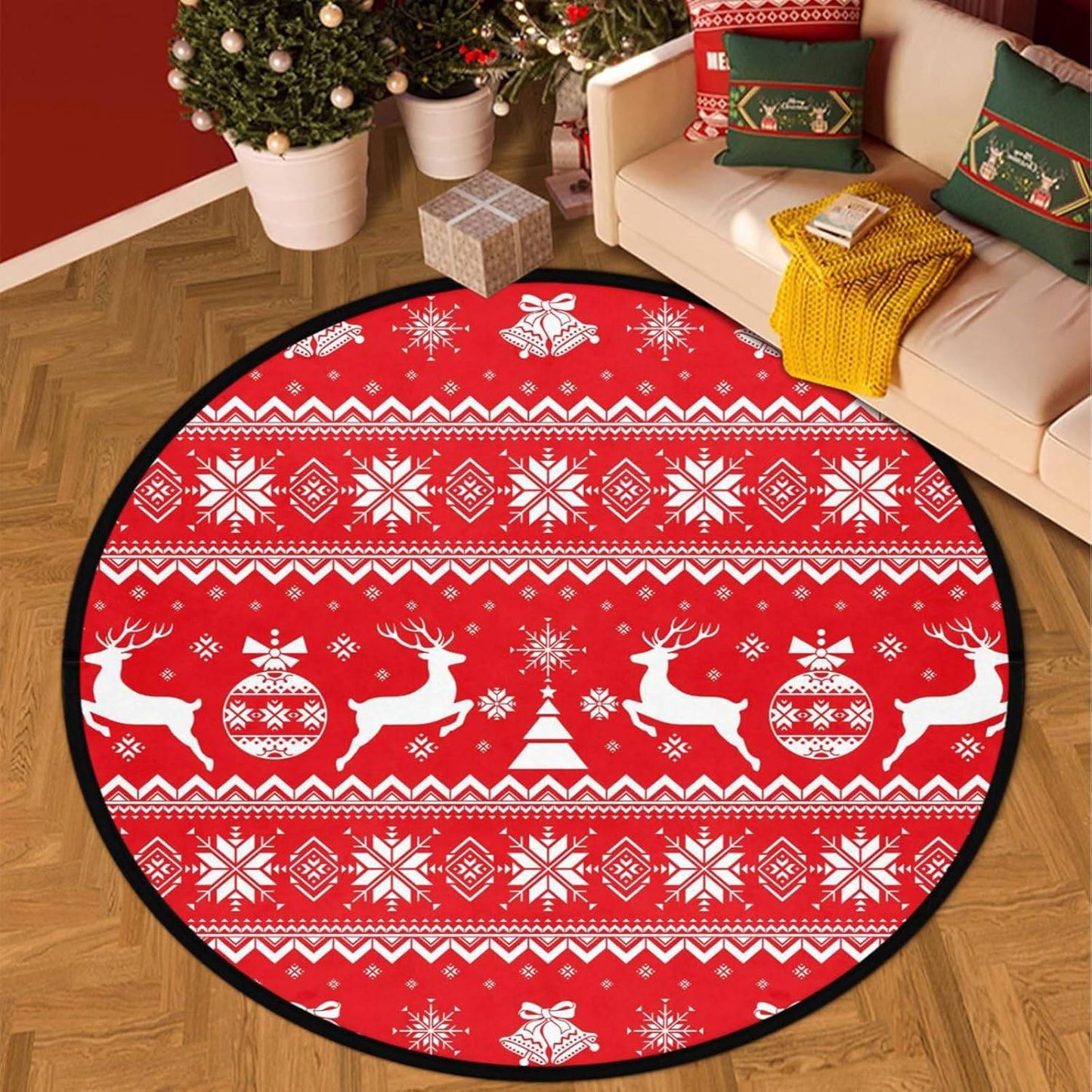 VIKAMA Christmas Winter Warm Round Rug For Living Room, Bedroom, Side Of Bed, Anti-Slip Hat Stand Pad, Holiday Home Decoration