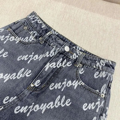 Female Sexy Vintage Letter High Waist A-line Skirt Summer All-match Fashionable Slim Buttons Zipper Denim Short Skirt Women