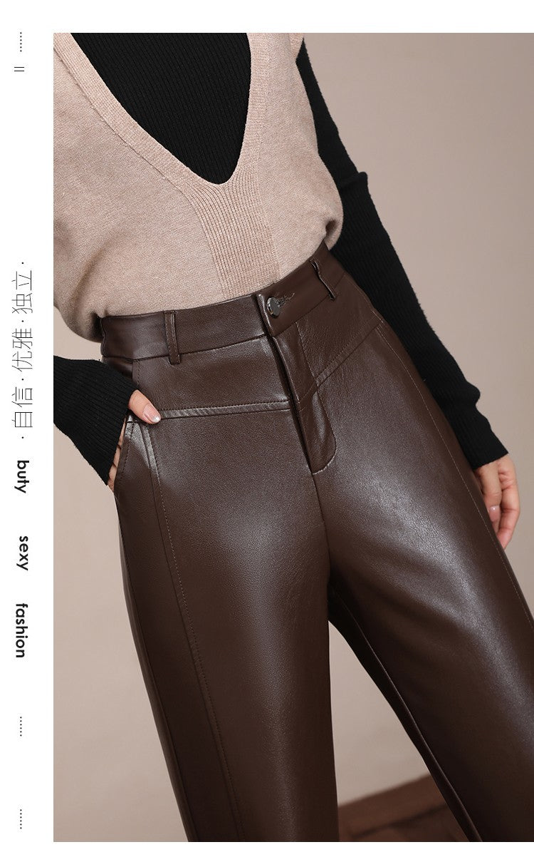 ZUZK Winter Pu Leather Pants New Elastic Waist Straight Pants PU Leather Trousers Large Size Fashion Warm Long Pants