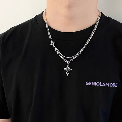 Y2K Grunge Hip Hop Halloween Joias Acessórios Punk Metal Cruz Costas Pingente Corrente Prateada Colar para Mulheres Homens 1unidade