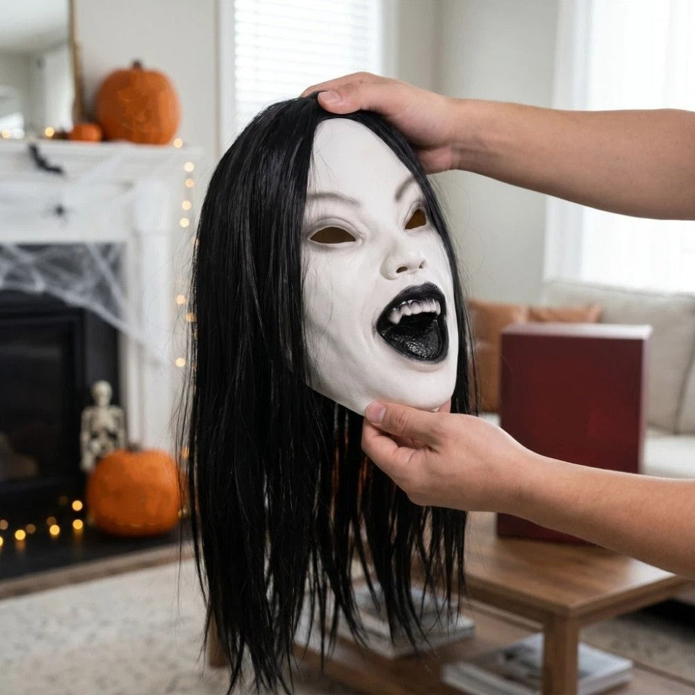 Latex Mask Scary Woman Masks Realistic Long Hair Party Cosplay Costume Ghostface Design Black Lips Creepier Headgear