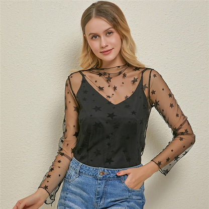 Women's Sexy Mesh Sheer Lace Blouses Perspective Long Sleeve Stand Collar Mesh Tops Striped Polka Dot Stars Party Tee Blouses