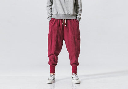 Cotton Linen Harem Pants Men Solid Elastic Waist Streetwear Joggers New Baggy Drop-crotch Pants Casual Trousers Men