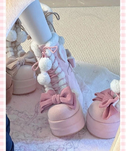 Sweet Winter Girls Lolita Mid-Calf Snow Boots,Cute Female Students Plush Warm Bowknots Lace Up Wedge Heel Heightening Shoes