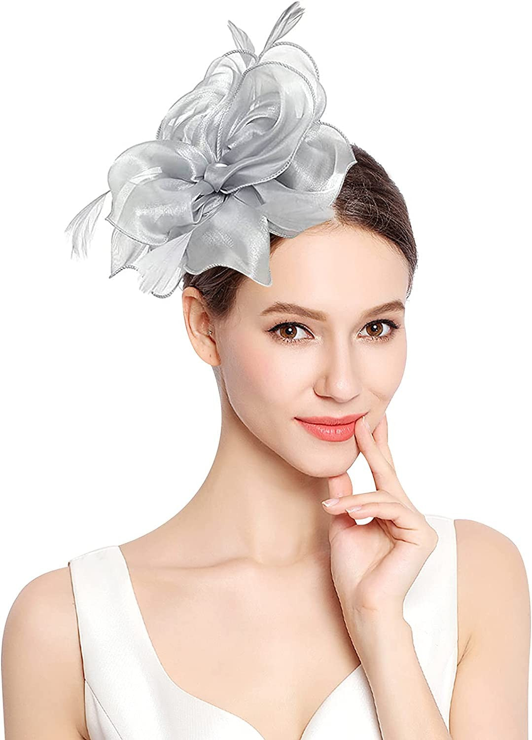 Novo Chapéu Fascinator de Organza Feminino com Flor de Pena Kentucky Derby Cocar Chapéu Pillbox para Casamento Chá da Tarde Acessórios de Cabelo com Clipe