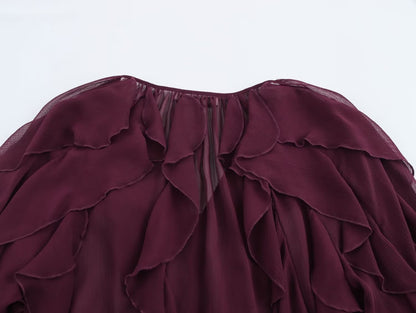 2025 Summer Chic Women's Elegant Loose Long Sleeve Layered Shirts Office Lady Vintage V-neck Translucent Tierred Ruffles Blouses