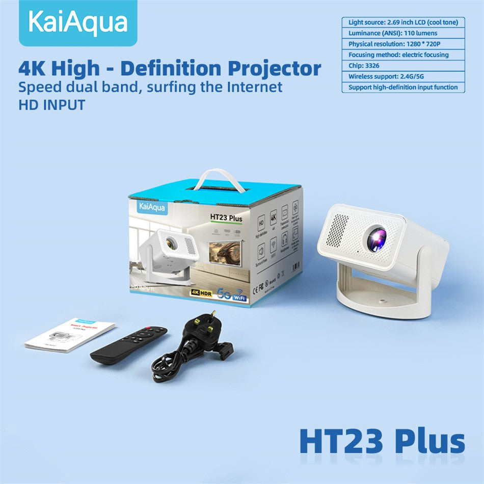 KaiAqua 4K 650ANSI HT23 Plus 1080P Native Portable Projector Auto Focus Keystone Correction BT5.2Android11WIFI6 360° Home Cinema