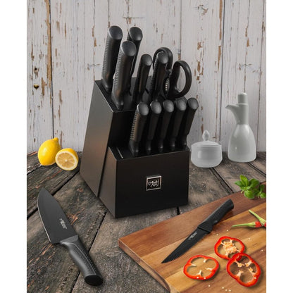 Conjunto de Facas, 15 Peças Conjunto de Facas de Cozinha com Bloco Autoafiável, Lavável na Lava-louças, 6 Facas de Carne, Cabo Antiderrapante, Preto