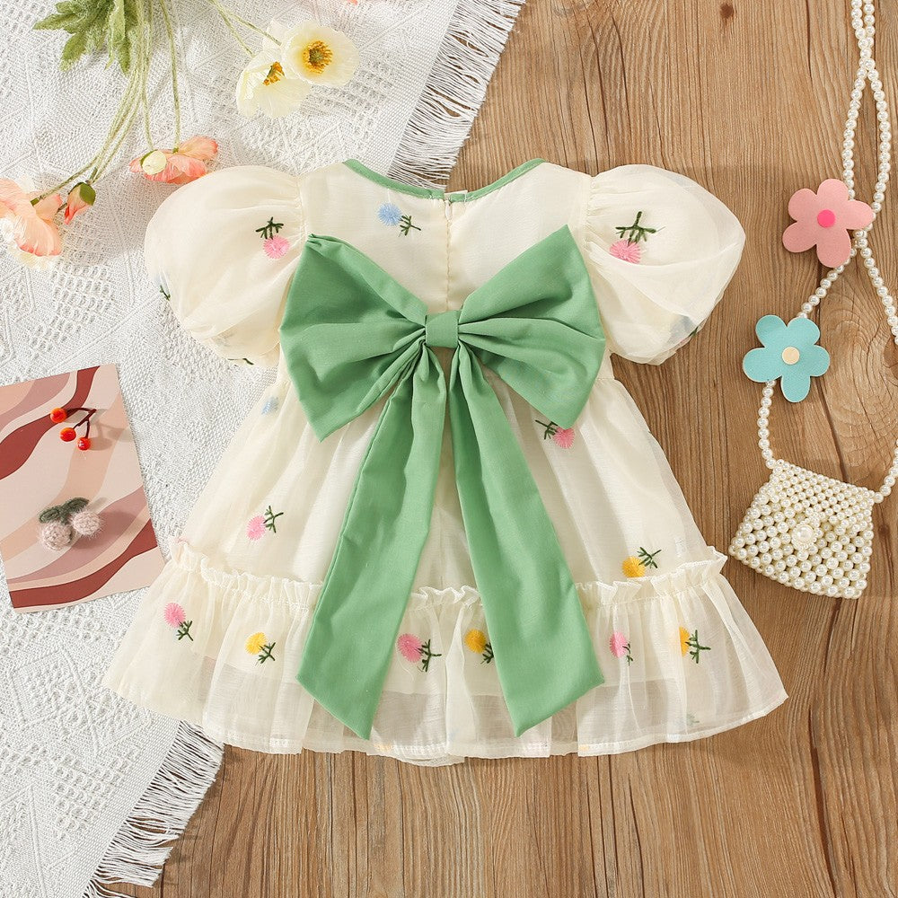 Summer Flower Embroidered Chiffon Dress for Baby Girl Birthday Dress High Quality Kids Clothes Send Big Bow