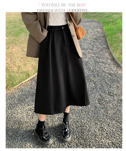High Waist Plus Size Women Skirt Spring Women Clothing High Waist Hepburn Style Mid-Length A-Line Skirt New Casual Solid Skirts