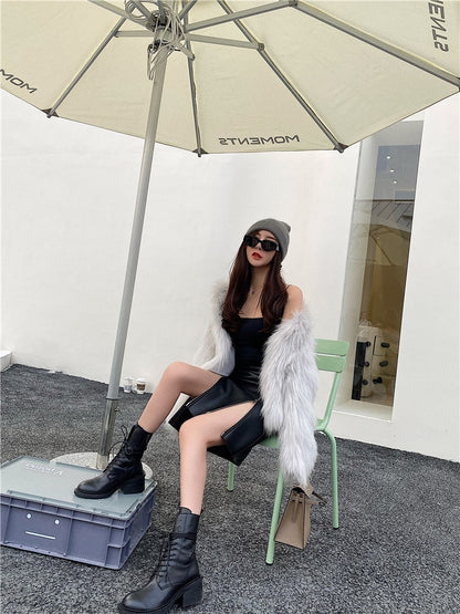 Lautaro Autumn Soft Black Pu Leather Midi Skirt Women with Double Slit Zipper High Waist Korean Style Fashion 2021 Streetwear