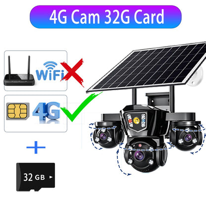 V380 Pro WiFi Wireless Solar Camera 4G Sim Card Three Screen Outdoor Solaire CCTV Three Lens Battery 360 Solar Security Cameras