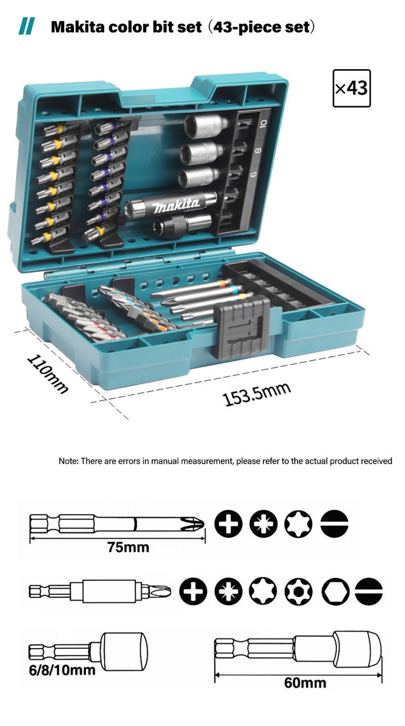 Jogo de Bits para Parafusadeira Elétrica Makita B-55697 43 Peças Codificados por Cores Tipo Flor Cruzada Soquete Sextavado Acessórios para Ferramentas Elétricas