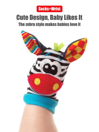 Conjunto com 4 peças de chocalhos de pulso e meias para bebês 0-12 meses, meninos e meninas, brinquedos educativos para o desenvolvimento inicial, presentes sensoriais fofos para bebês