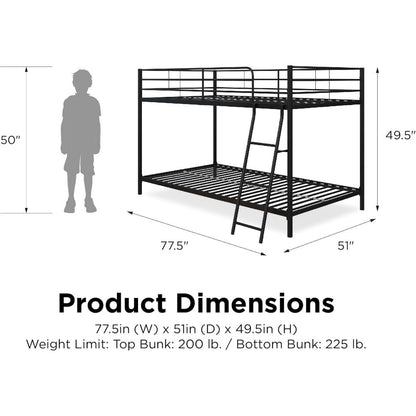 Junior Twin over Twin Bunk Bed, Space-Saving Design, Full-Length Guardrails,