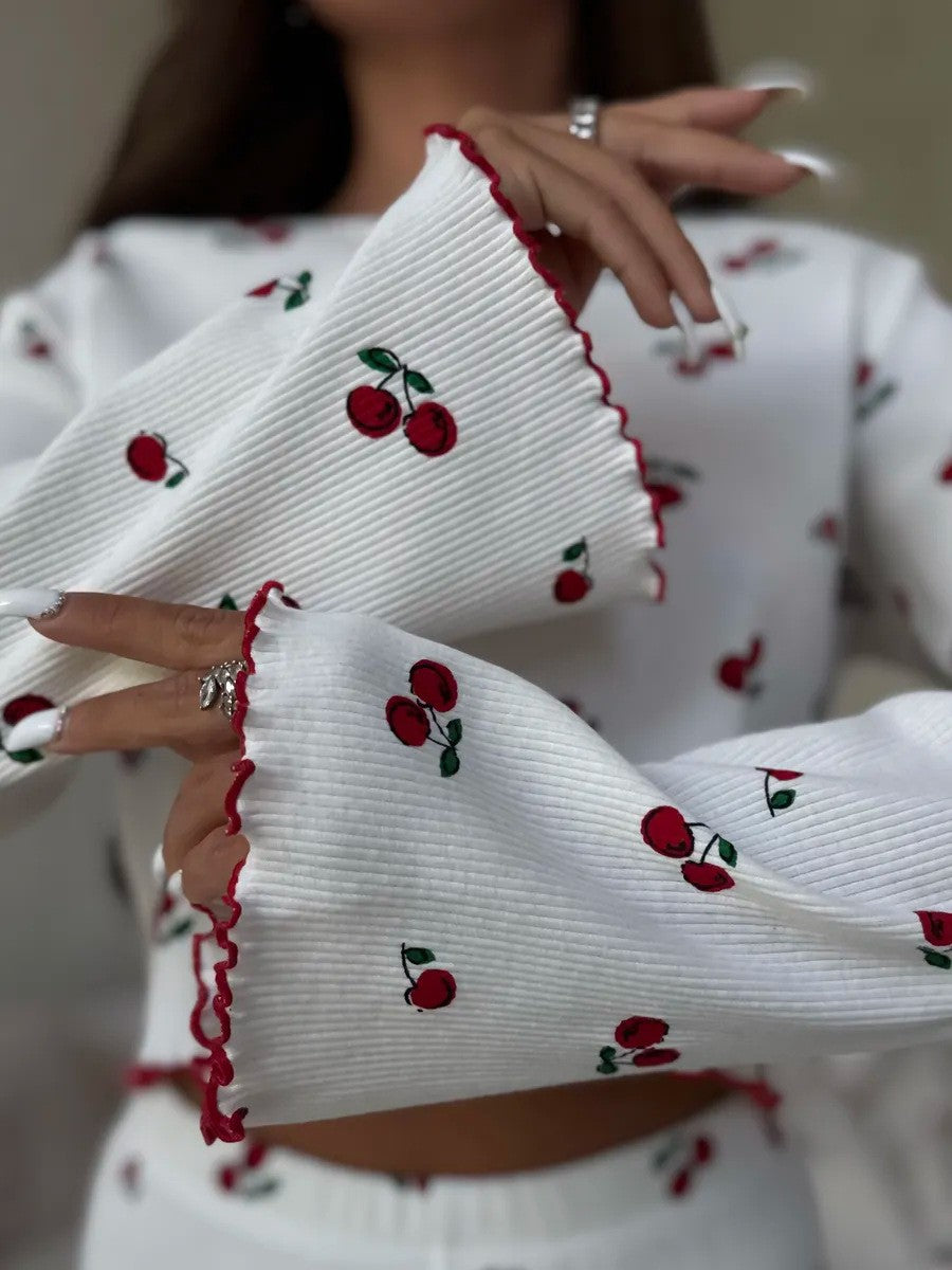 Lace Trim Women Pajama Set Short Sleeve Front Button Top & Full-Length Pants Cherry Print 2 Pieces Sleepwear Nightwear Homewear