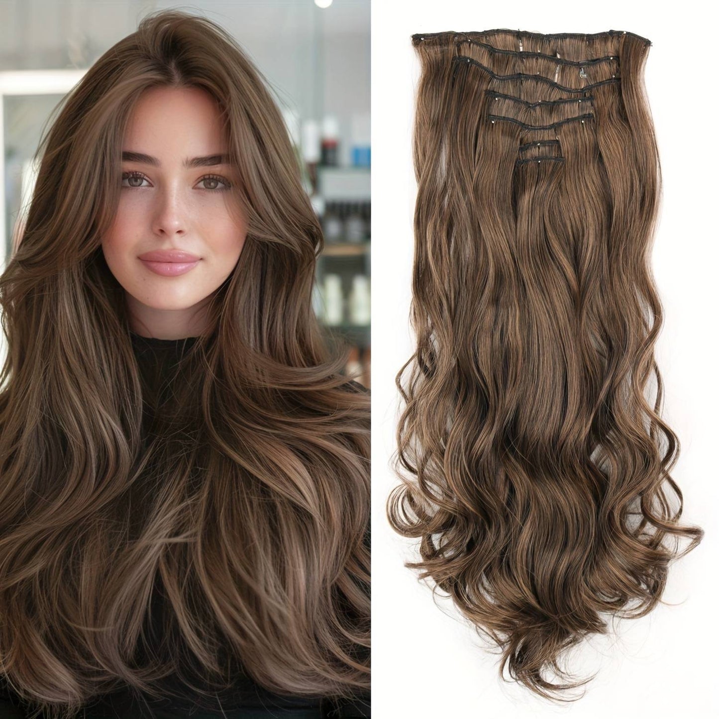 7 peças/conjunto de aplique de cabelo com 16 grampos, preto, longo e liso, cabelo natural, aplique de cabelo ombre, fibra resistente ao calor para penteado feminino
