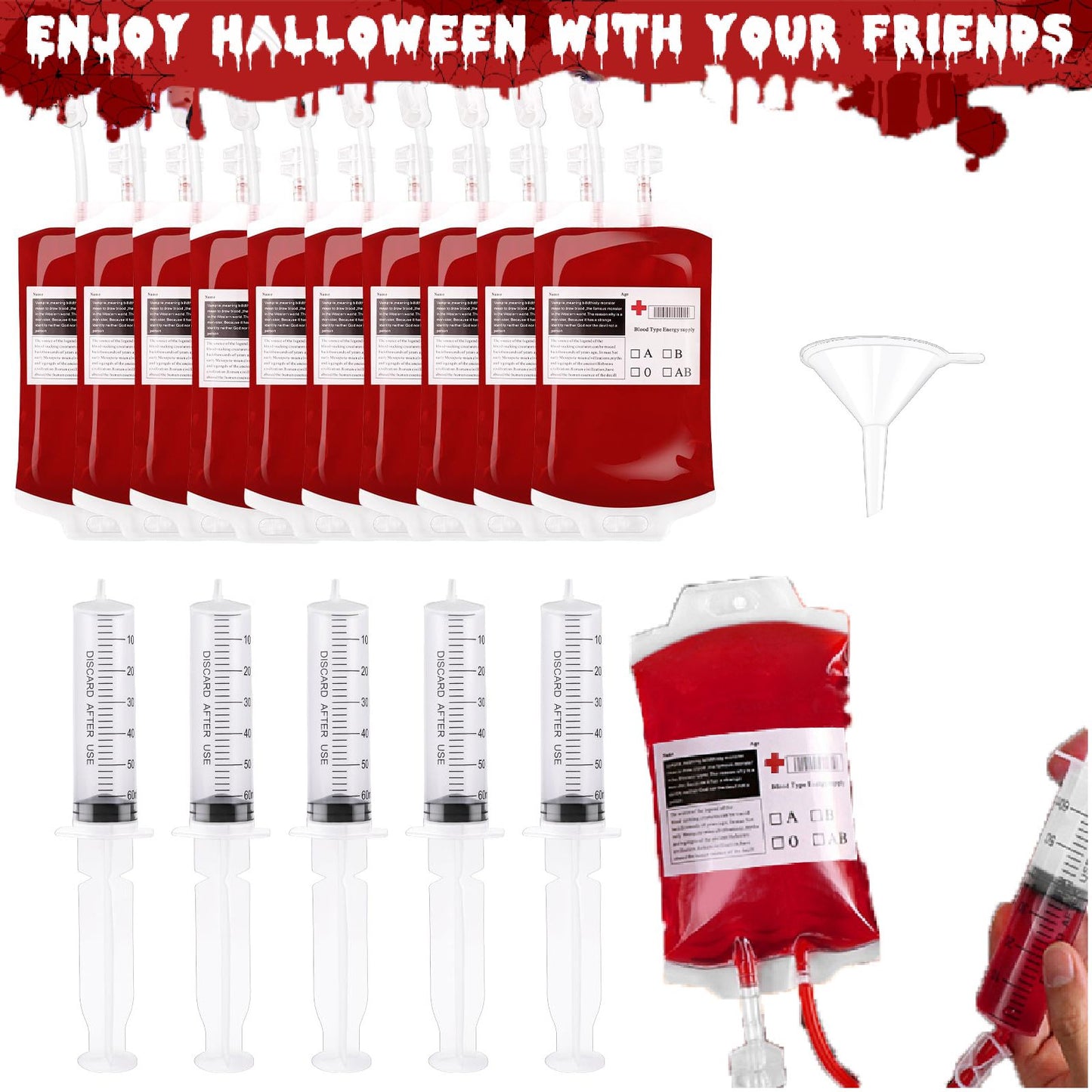10-100PCS Halloween Blood IV Bags for Drink and Clips Pouch Prop Energy Vampire for Zombie Hospital Theme Halloween Decor Supply